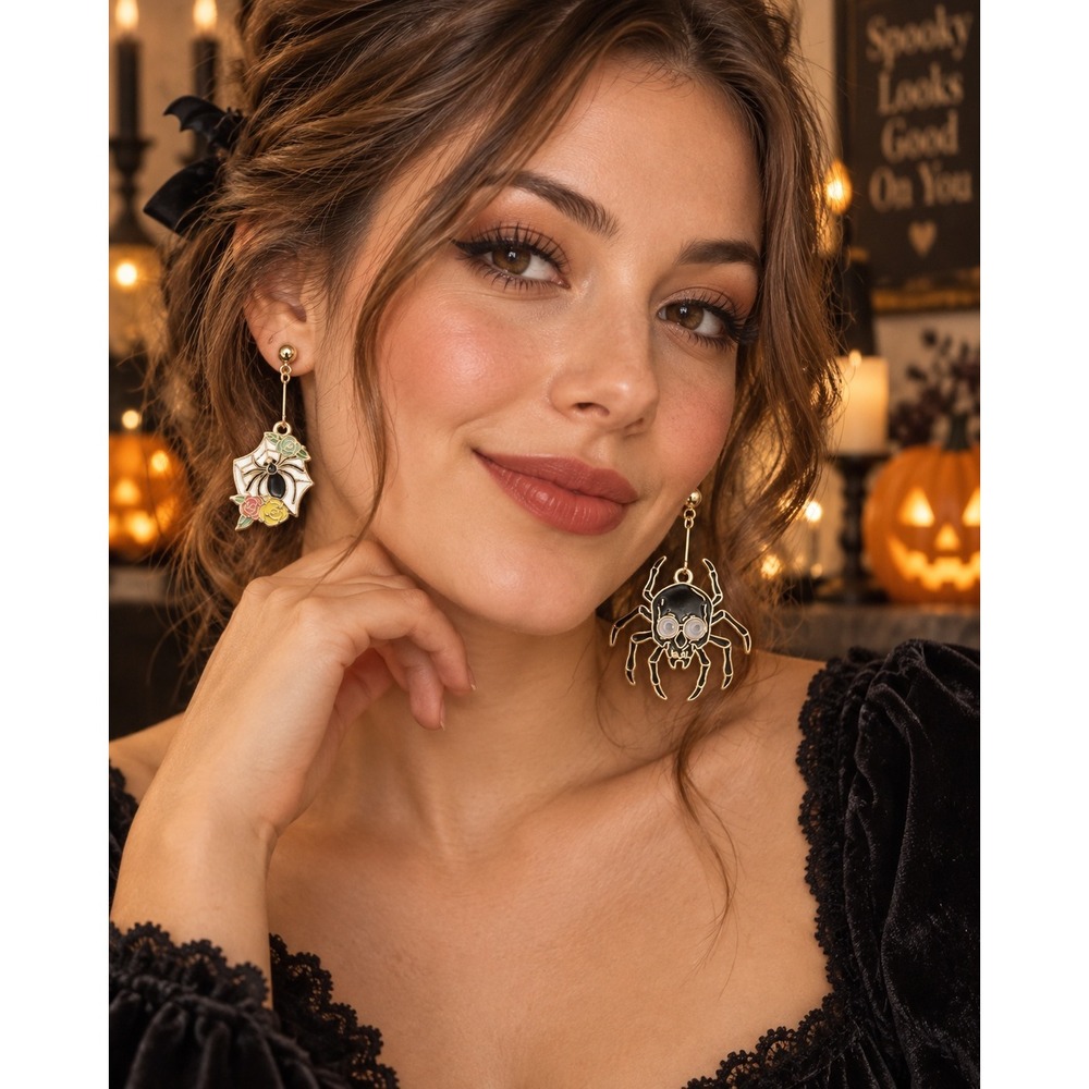 Trick or Treat Halloween Mismatched Spider Skull Web Enamel Drop Earrings Gold